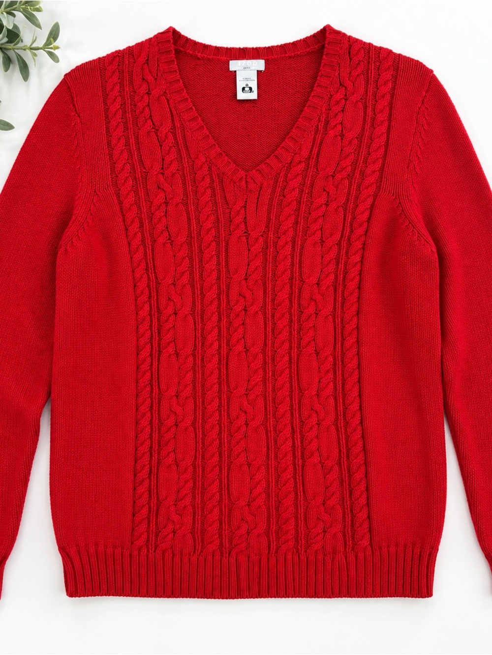 IZOD Red Cable Knit V-Neck 100% Cotton Sweater Long Sleeve Pullover Vintage Medi